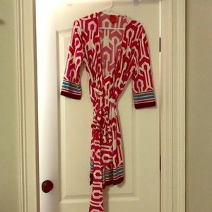 Tracy Negoshian pink navy and turquoise wrap dress